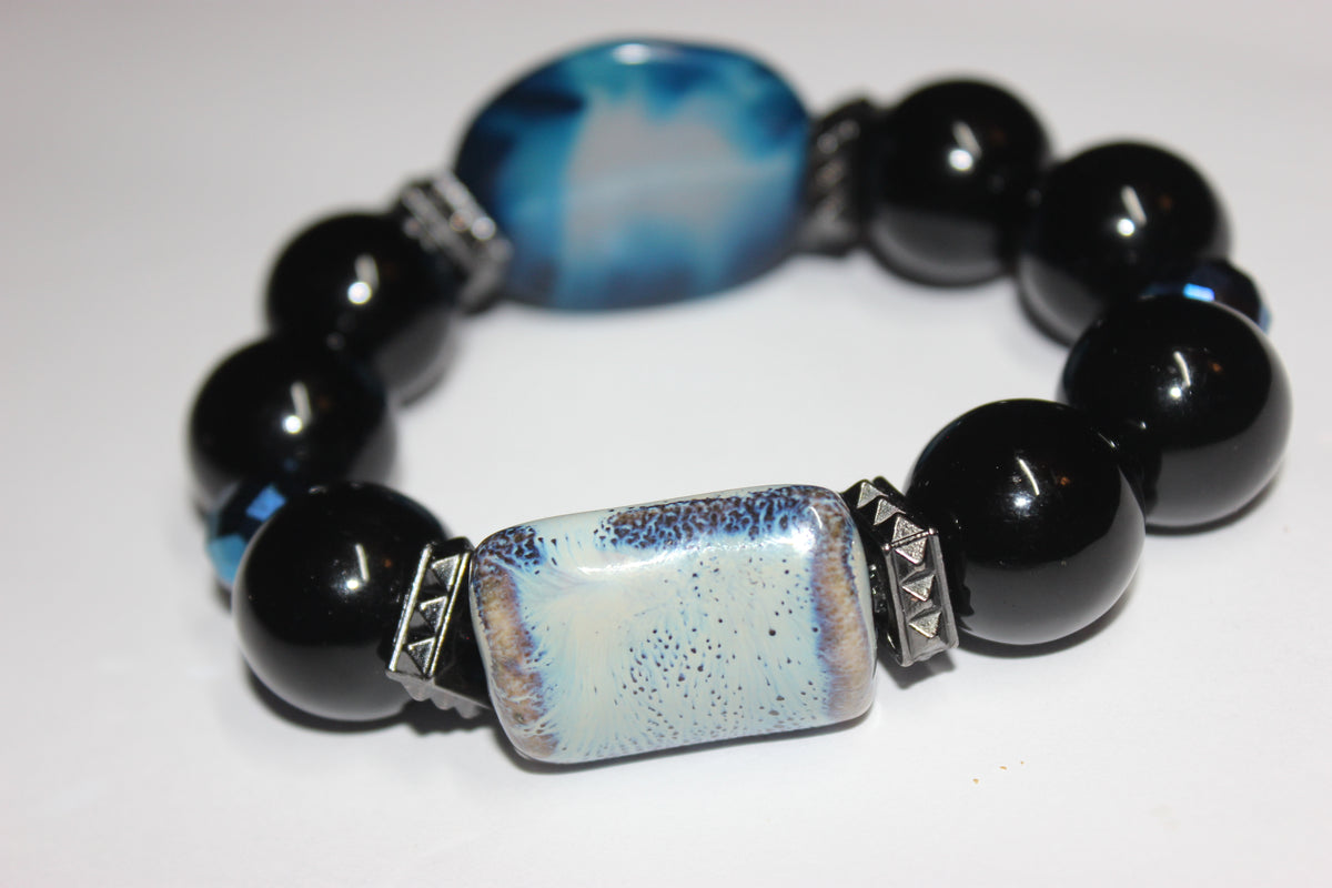 Shades Of Blue & Black Large Beaded Bracelet