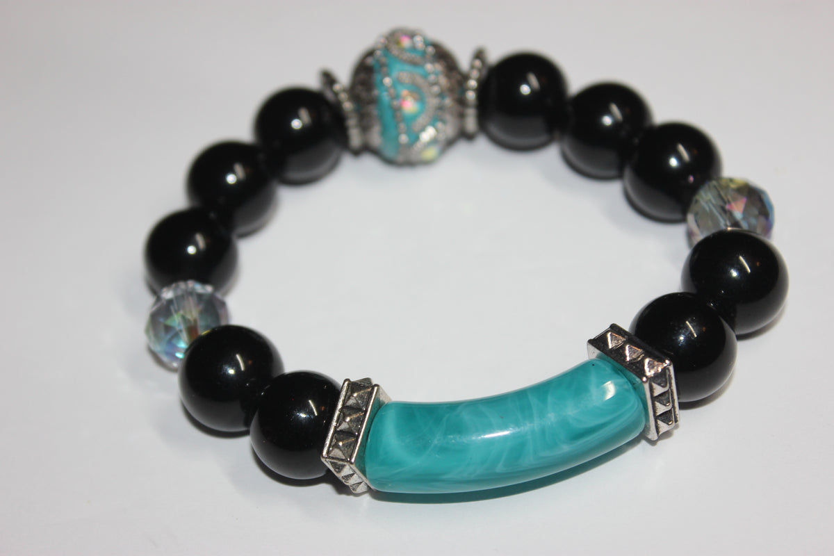 Shades Of Turquoise & Black Beaded Bracelet