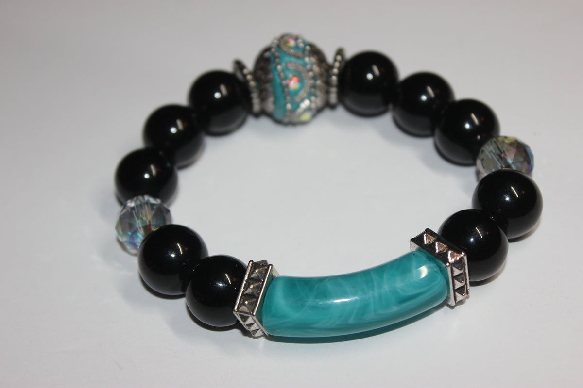 Shades Of Turquoise & Black Beaded Bracelet
