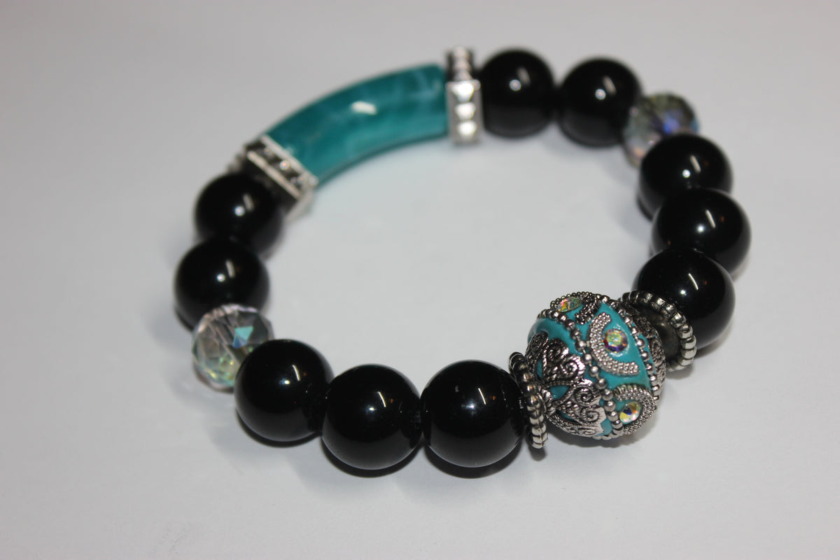 Shades Of Turquoise & Black Beaded Bracelet