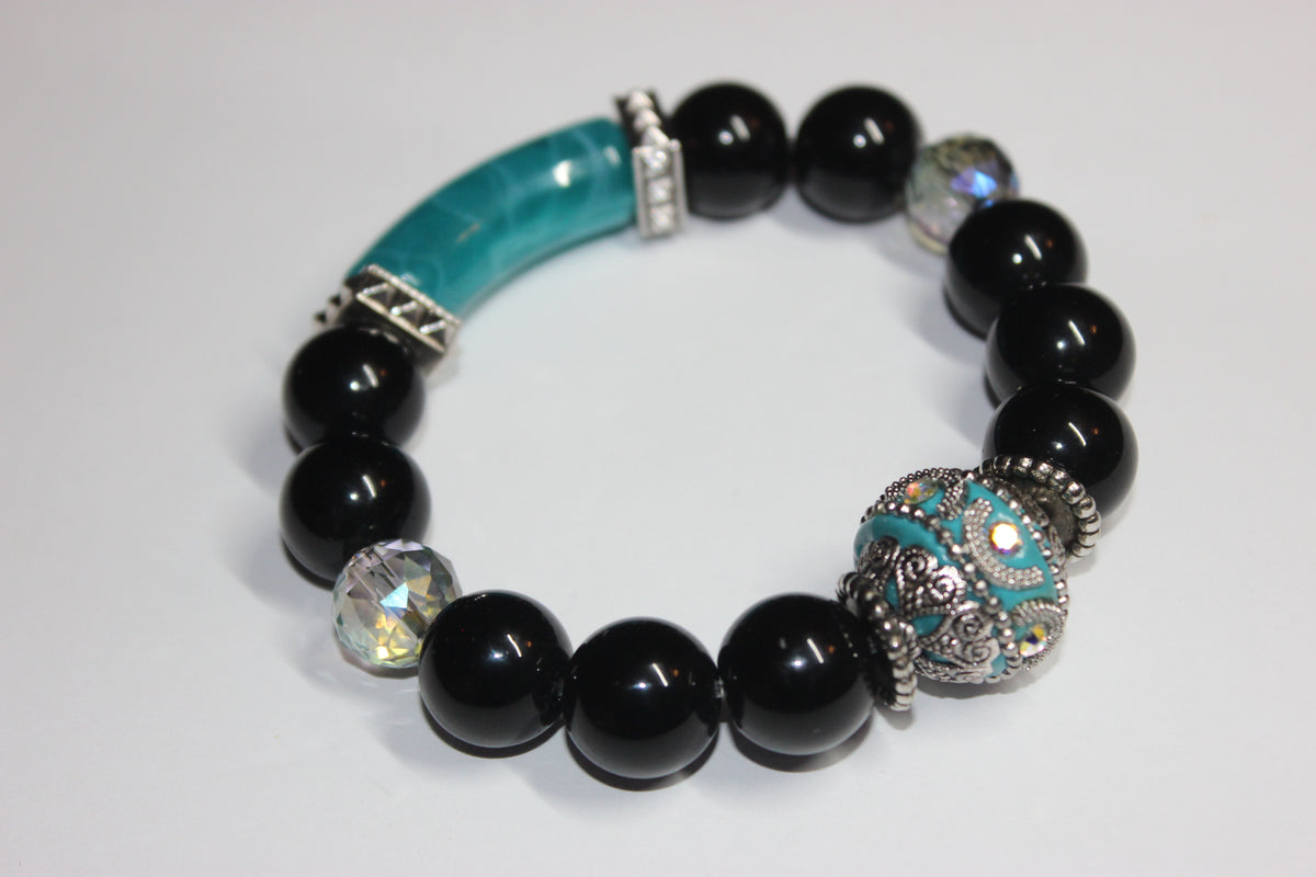 Shades Of Turquoise & Black Beaded Bracelet