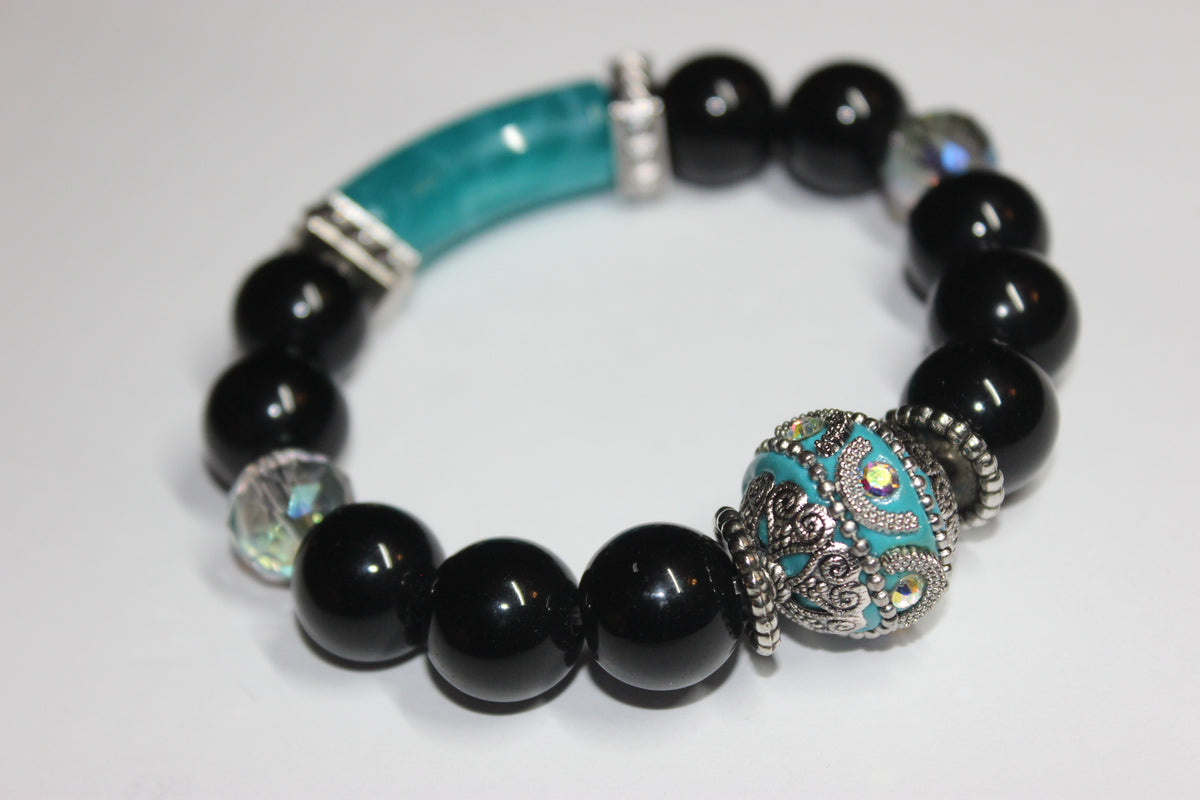 Shades Of Turquoise & Black Beaded Bracelet