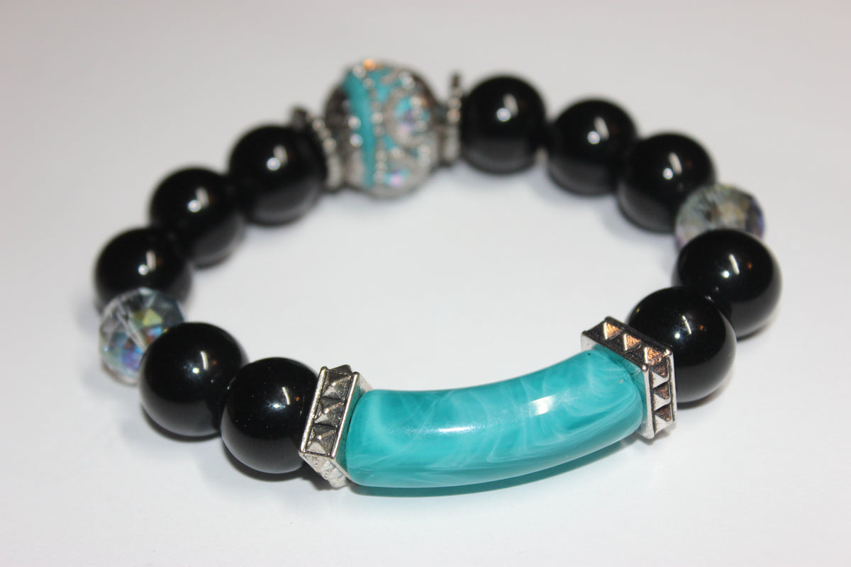 Shades Of Turquoise & Black Beaded Bracelet