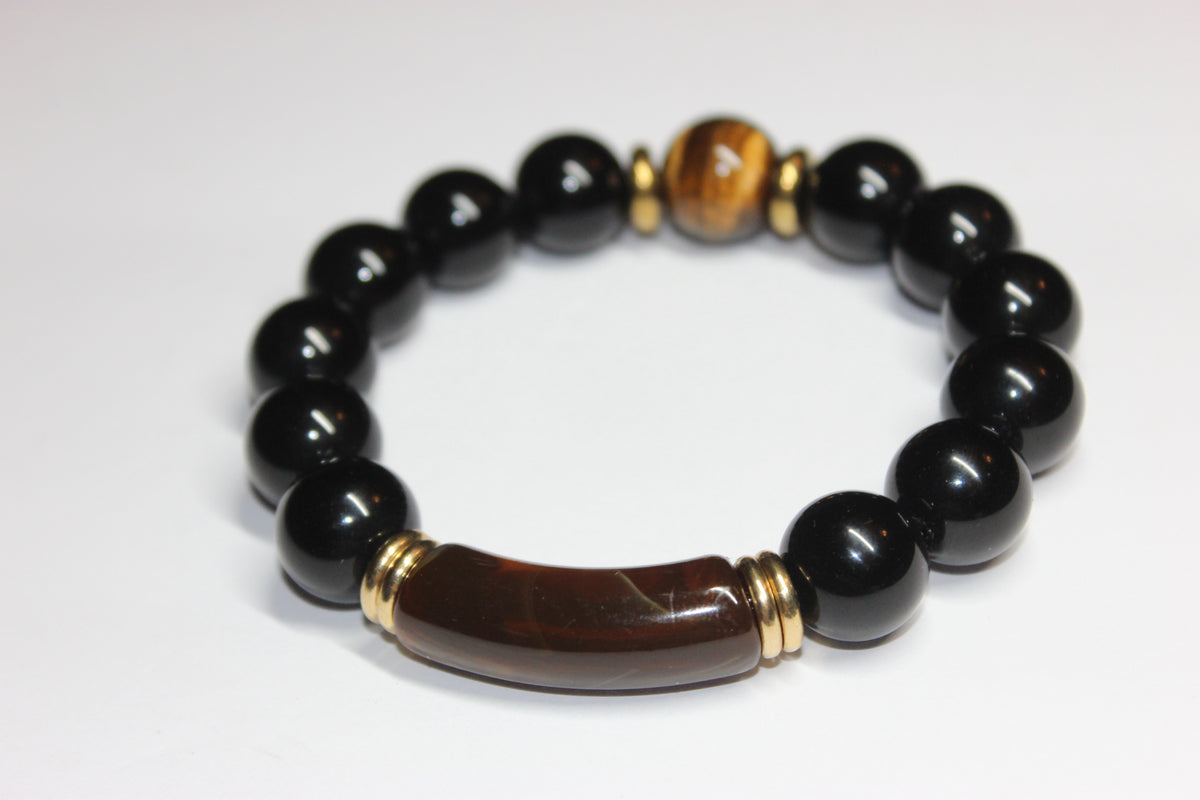 Brown Tiger Eye & Black Beaded Bracelet (GOLD)
