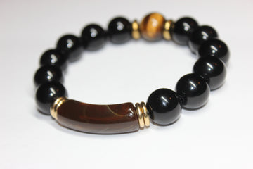 Brown Tiger Eye & Black Beaded Bracelet (GOLD)