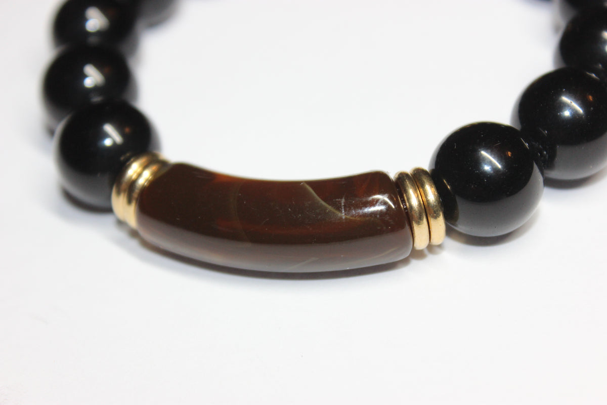 Brown Tiger Eye & Black Beaded Bracelet (GOLD)