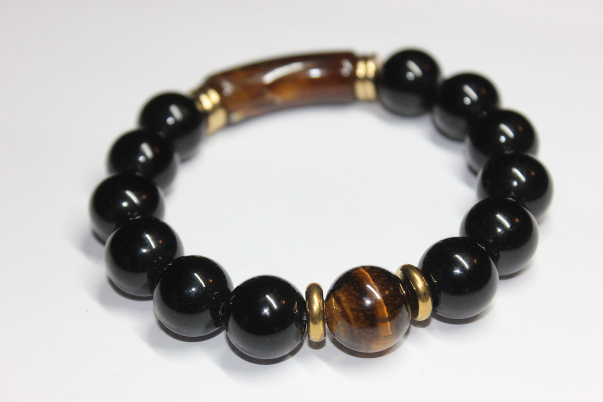 Brown Tiger Eye & Black Beaded Bracelet (GOLD)