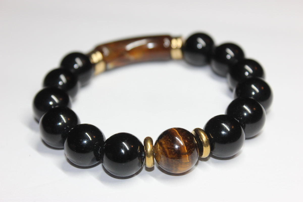Brown Tiger Eye & Black Beaded Bracelet (GOLD)