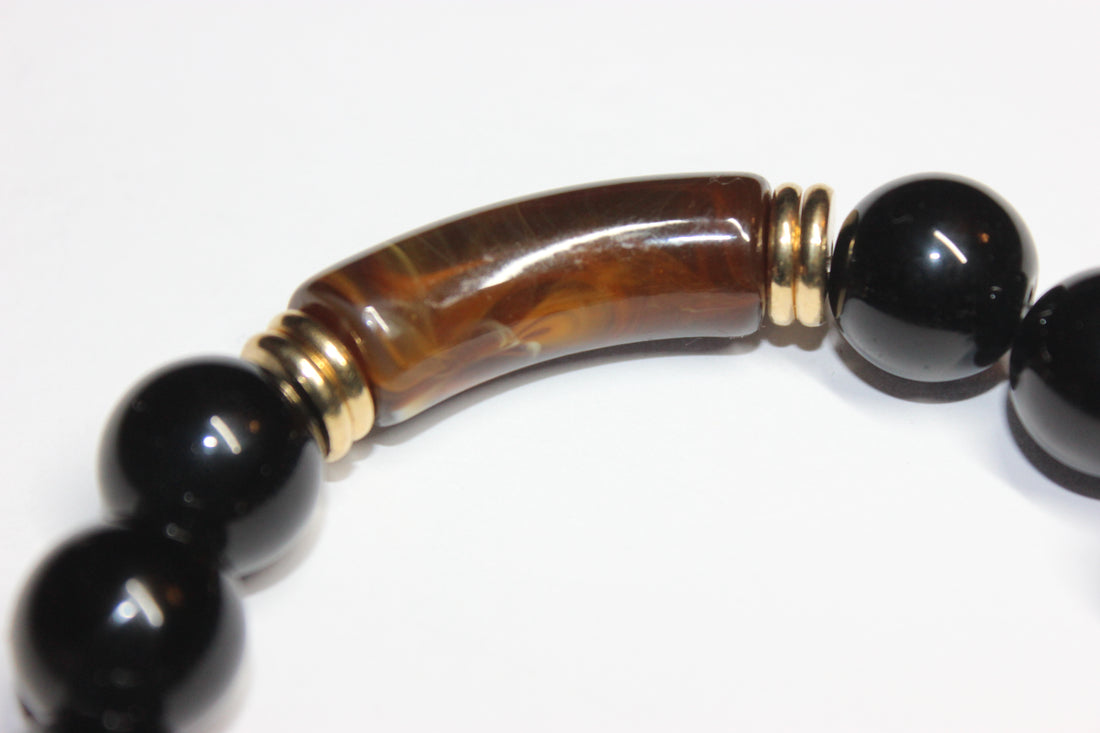 Brown Tiger Eye & Black Beaded Bracelet (GOLD)