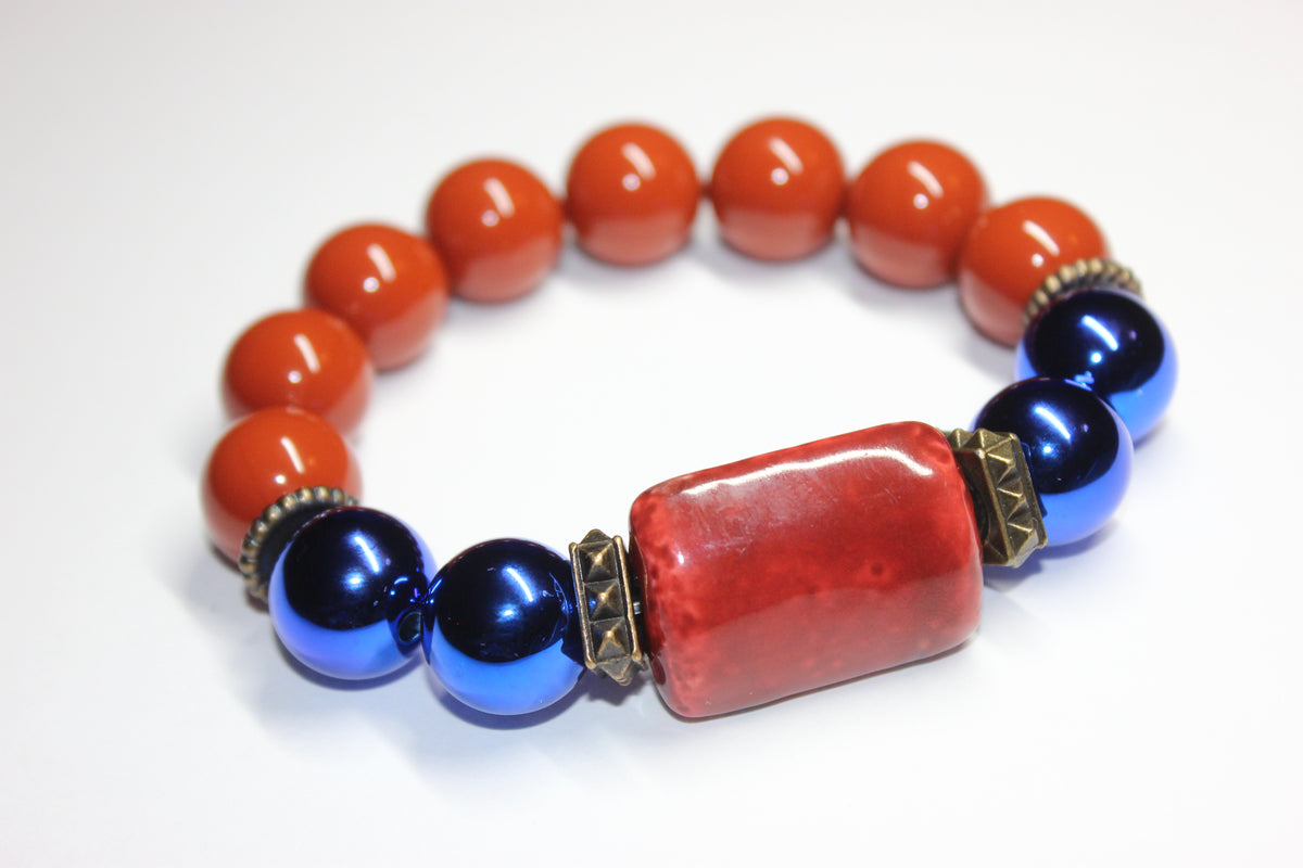 Shades Of Orange & Electric Blue Beaded Bracelet