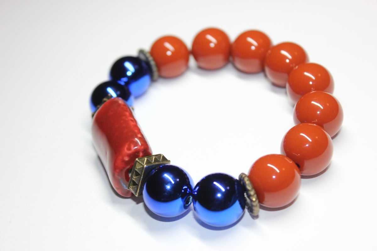 Shades Of Orange & Electric Blue Beaded Bracelet