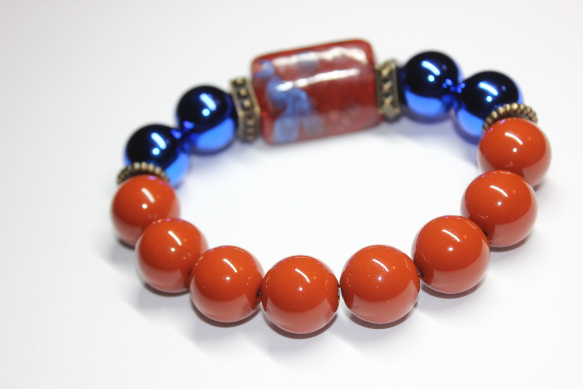 Shades Of Orange & Electric Blue Beaded Bracelet
