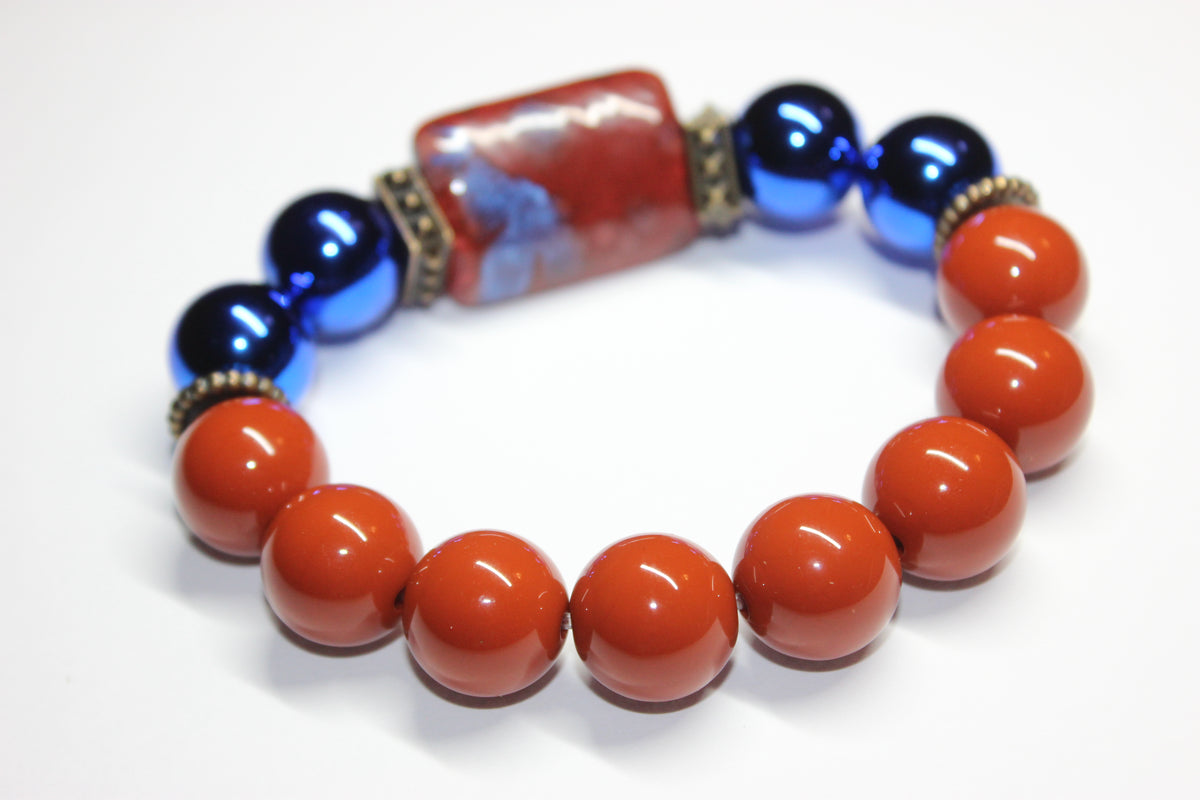 Shades Of Orange & Electric Blue Beaded Bracelet