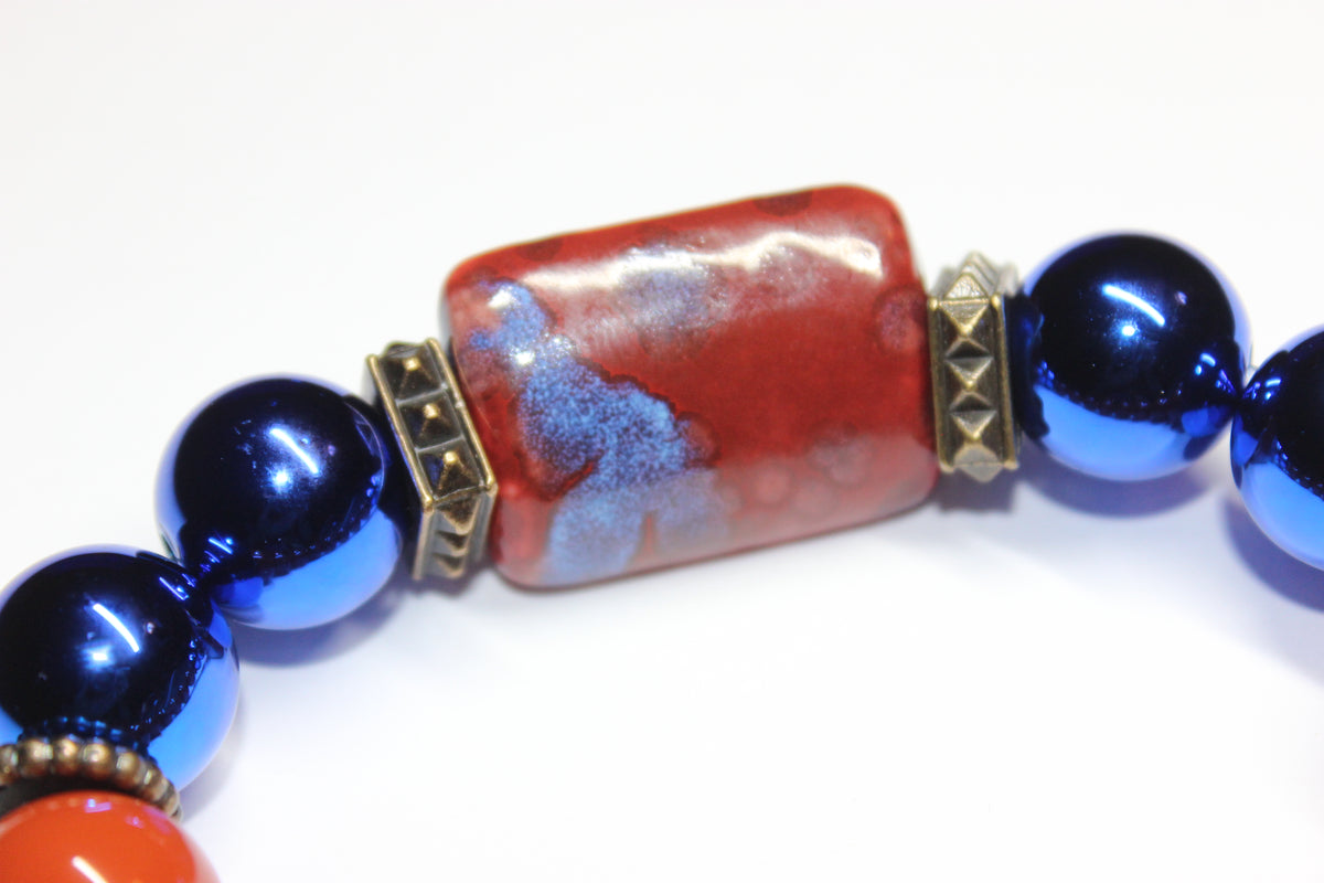 Shades Of Orange & Electric Blue Beaded Bracelet