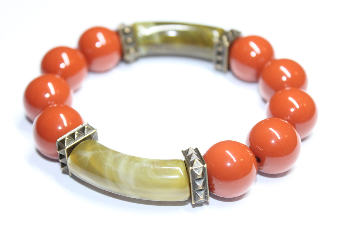Shades Of Olive Green & Rust Orange Beaded Bracelet