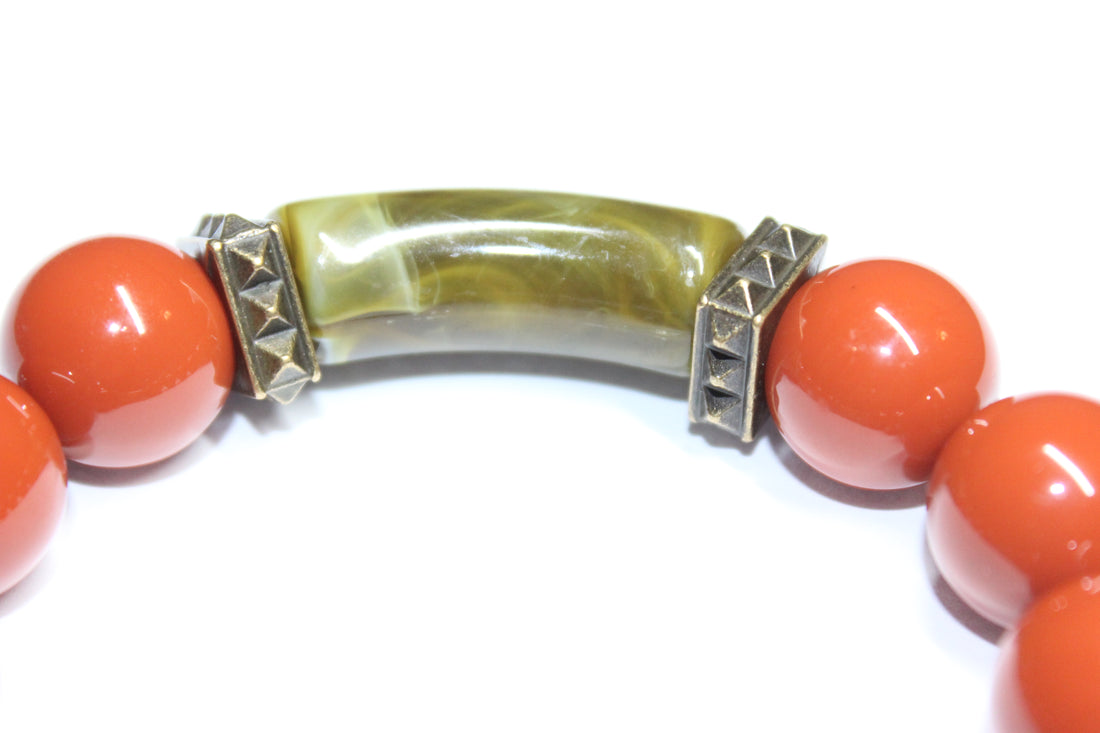 Shades Of Olive Green & Rust Orange Beaded Bracelet