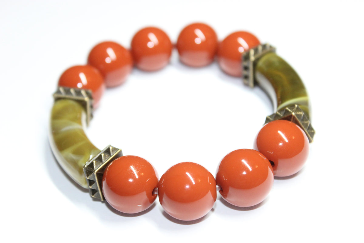Shades Of Olive Green & Rust Orange Beaded Bracelet