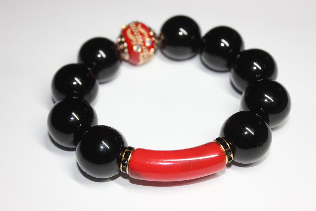 Black Red & Gold Large Beaded Bracelet