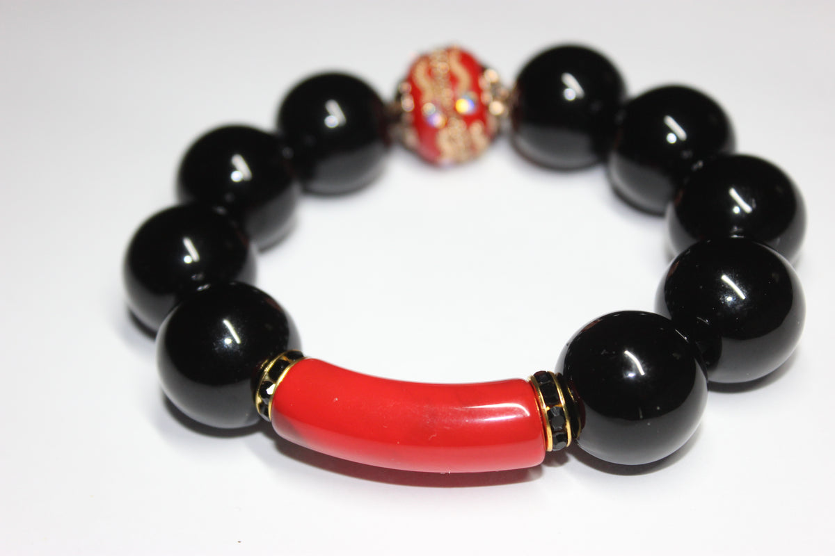 Black Red & Gold Large Beaded Bracelet