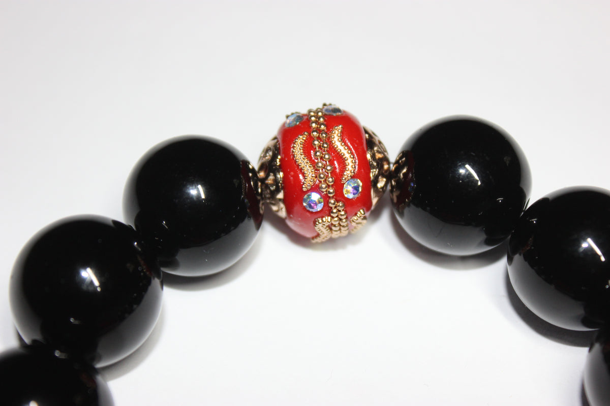 Black Red & Gold Large Beaded Bracelet