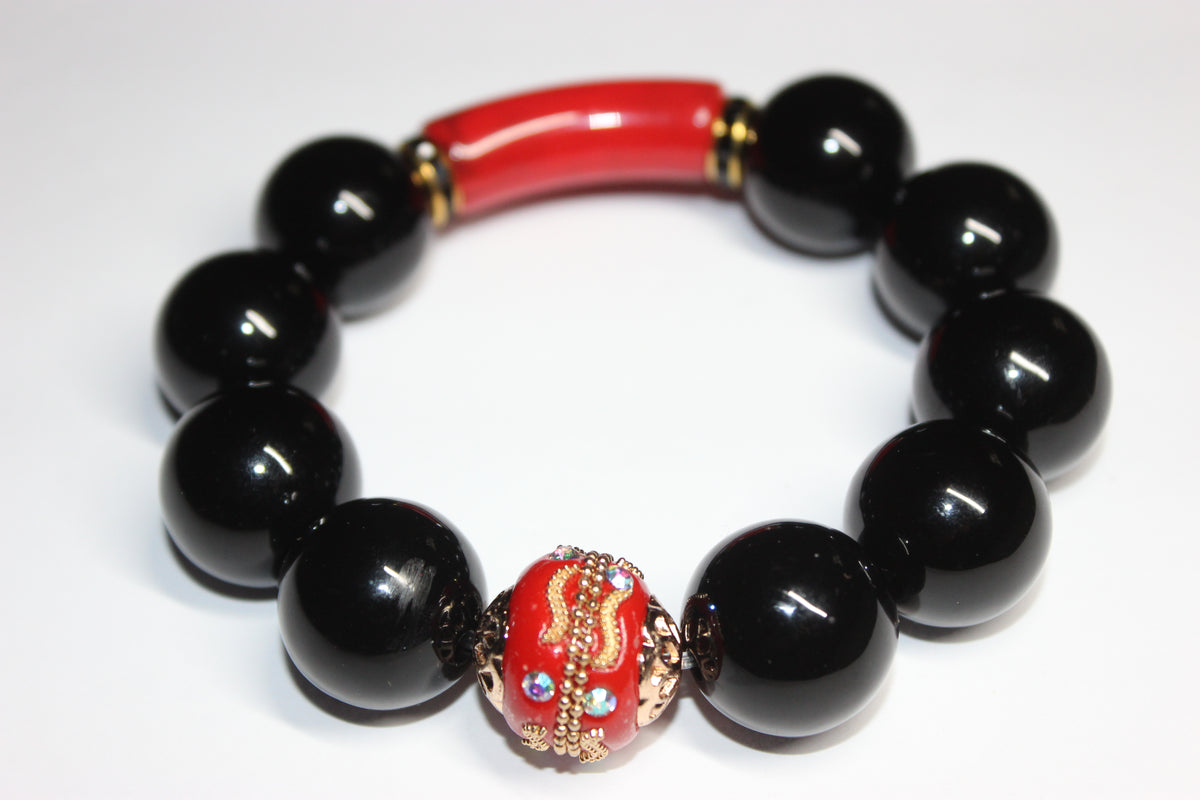 Black Red & Gold Large Beaded Bracelet