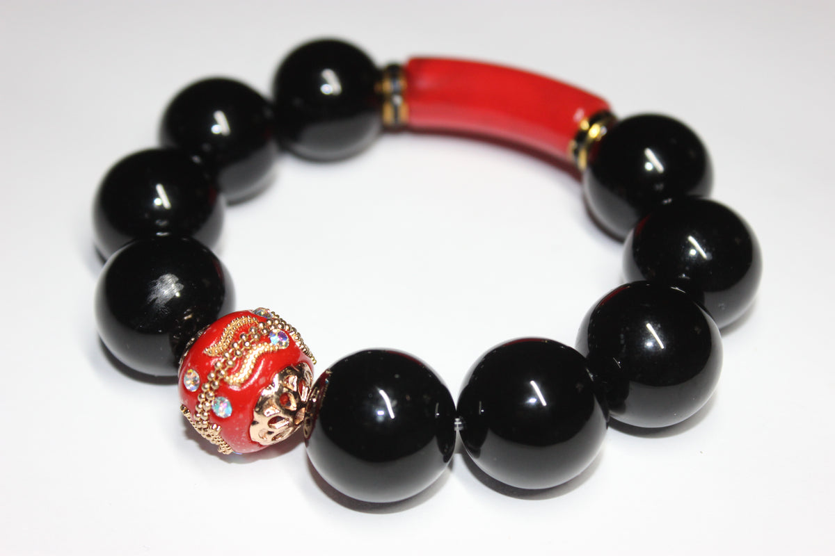 Black Red & Gold Large Beaded Bracelet