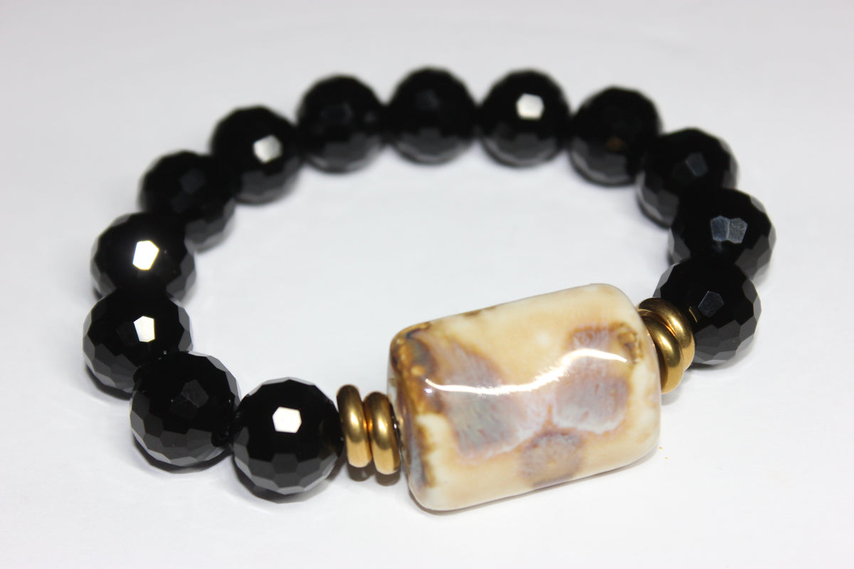 Black Ice/Tan/ Gold Beaded Bracelet