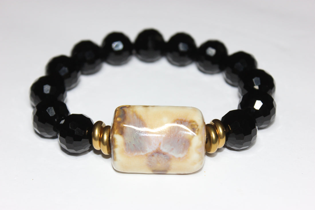Black Ice/Tan/ Gold Beaded Bracelet