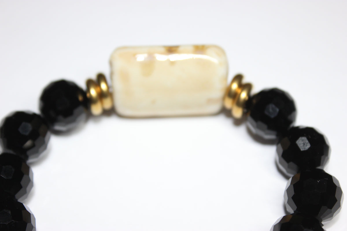 Black Ice/Tan/ Gold Beaded Bracelet