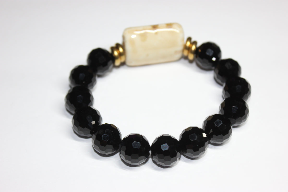 Black Ice/Tan/ Gold Beaded Bracelet