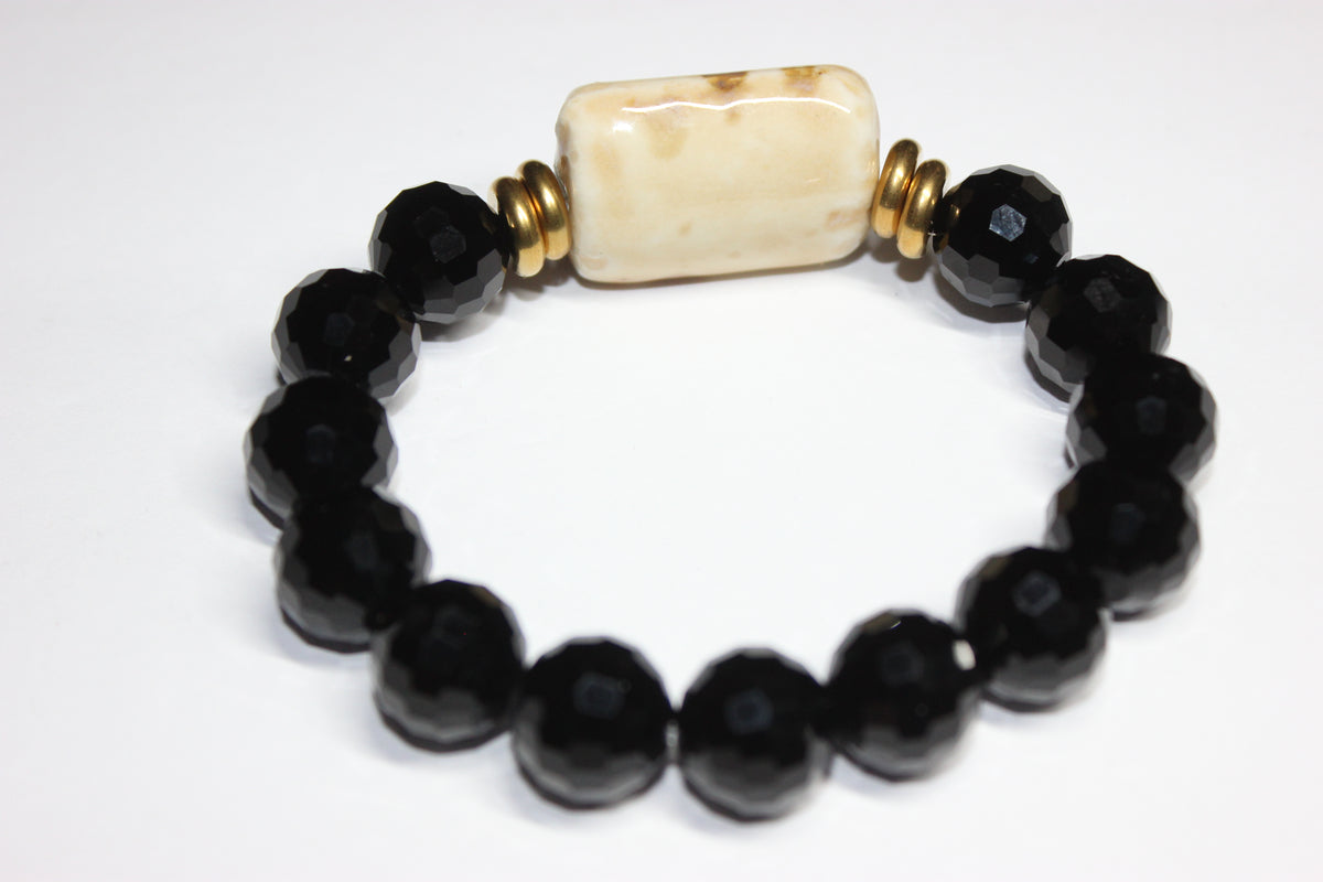 Black Ice/Tan/ Gold Beaded Bracelet