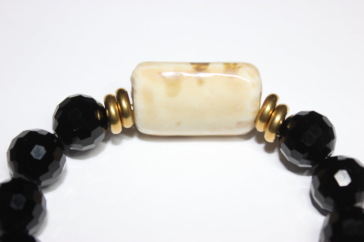 Black Ice/Tan/ Gold Beaded Bracelet
