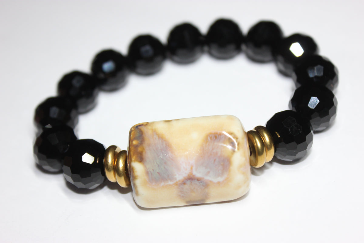 Black Ice/Tan/ Gold Beaded Bracelet