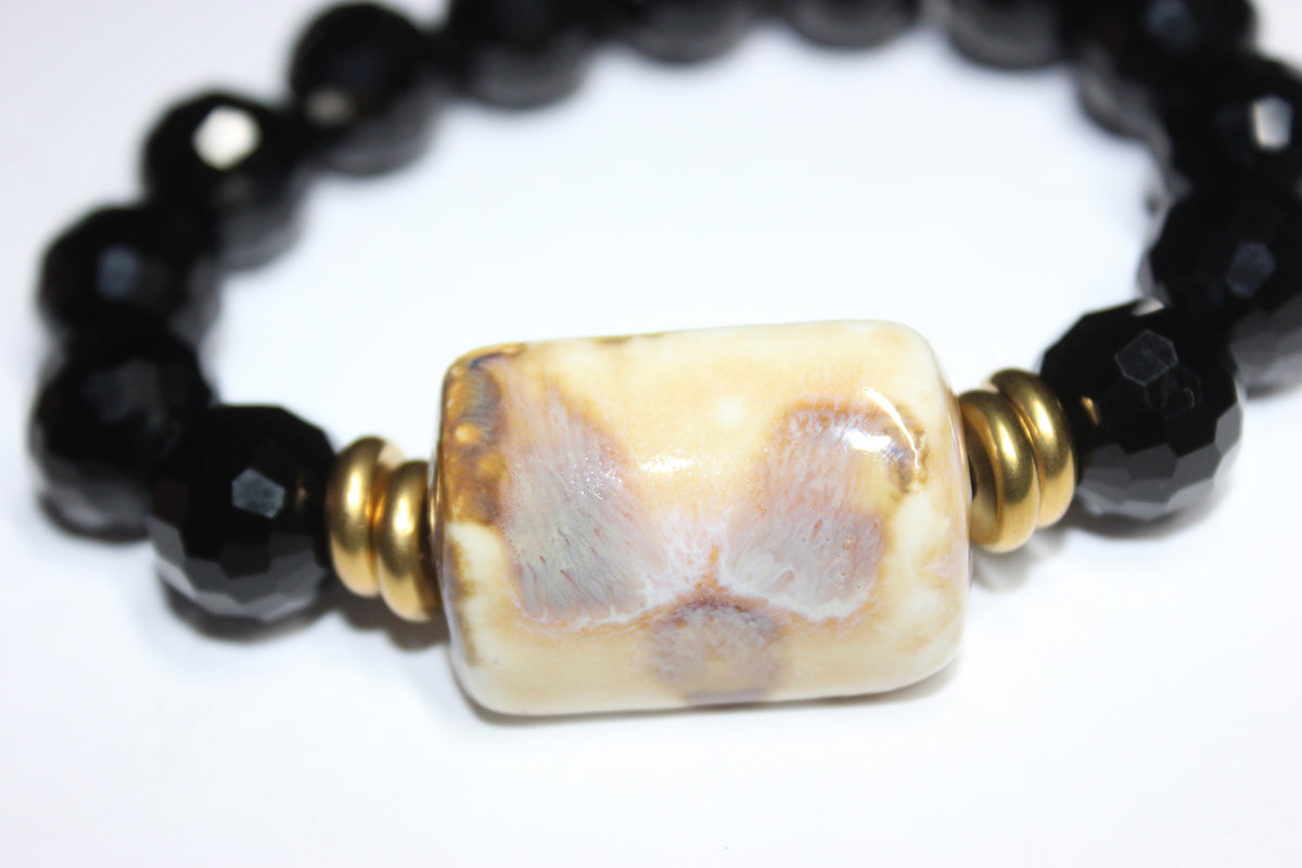 Black Ice/Tan/ Gold Beaded Bracelet