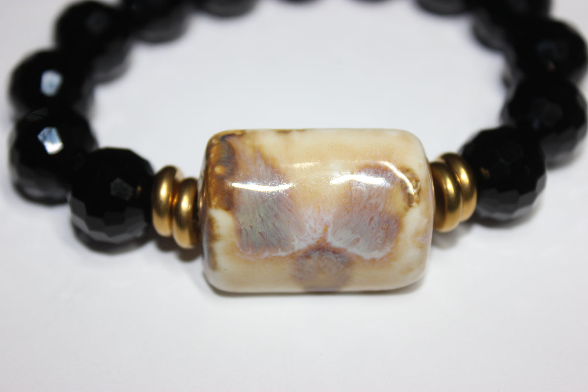 Black Ice/Tan/ Gold Beaded Bracelet