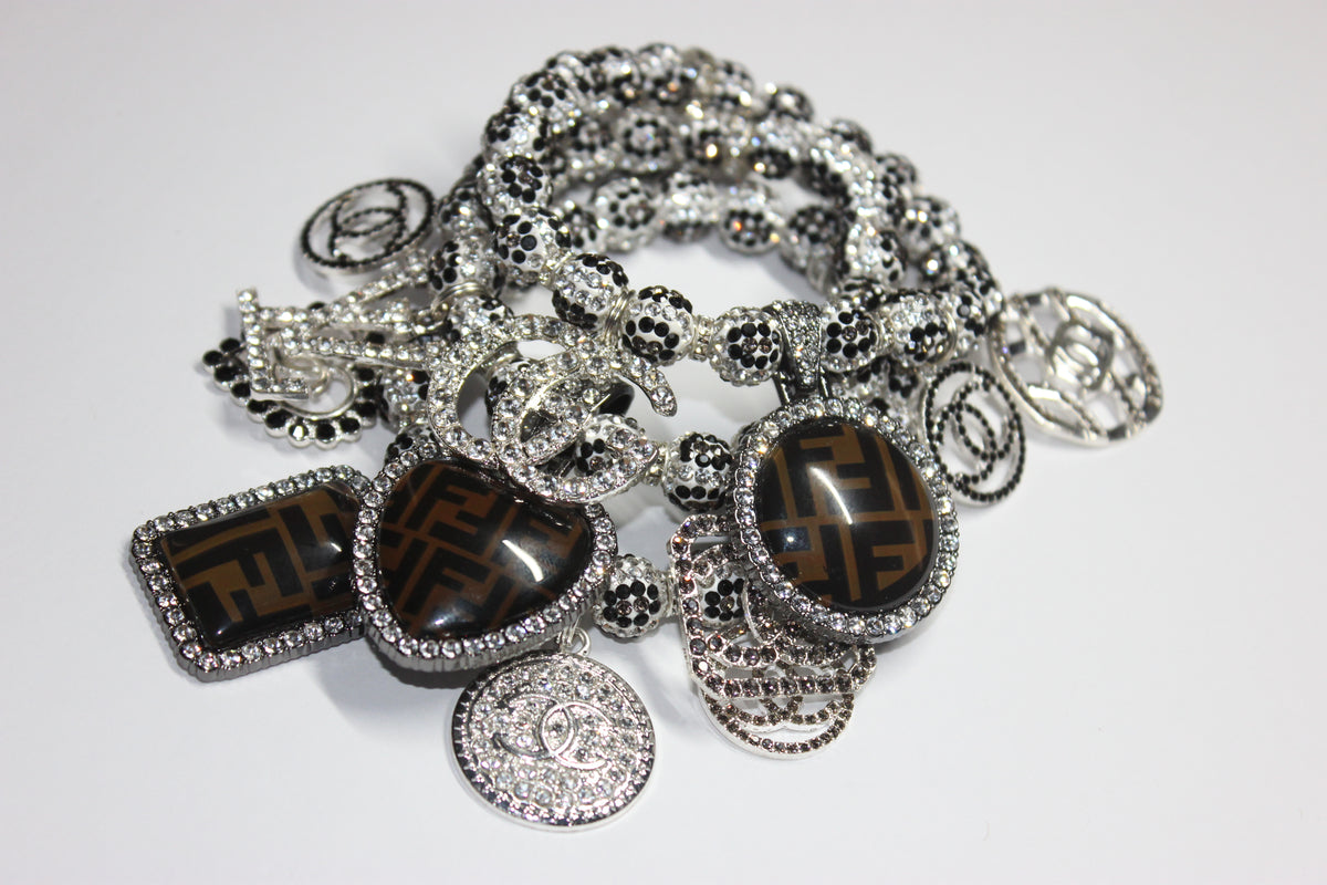 3 Piece Rhinestone Charm Bracelet Set BLACK/WHITE/GREY (Silver)