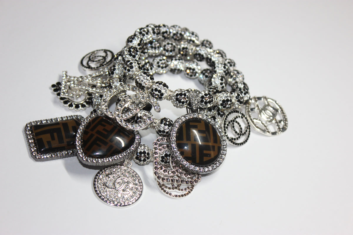 3 Piece Rhinestone Charm Bracelet Set BLACK/WHITE/GREY (Silver)