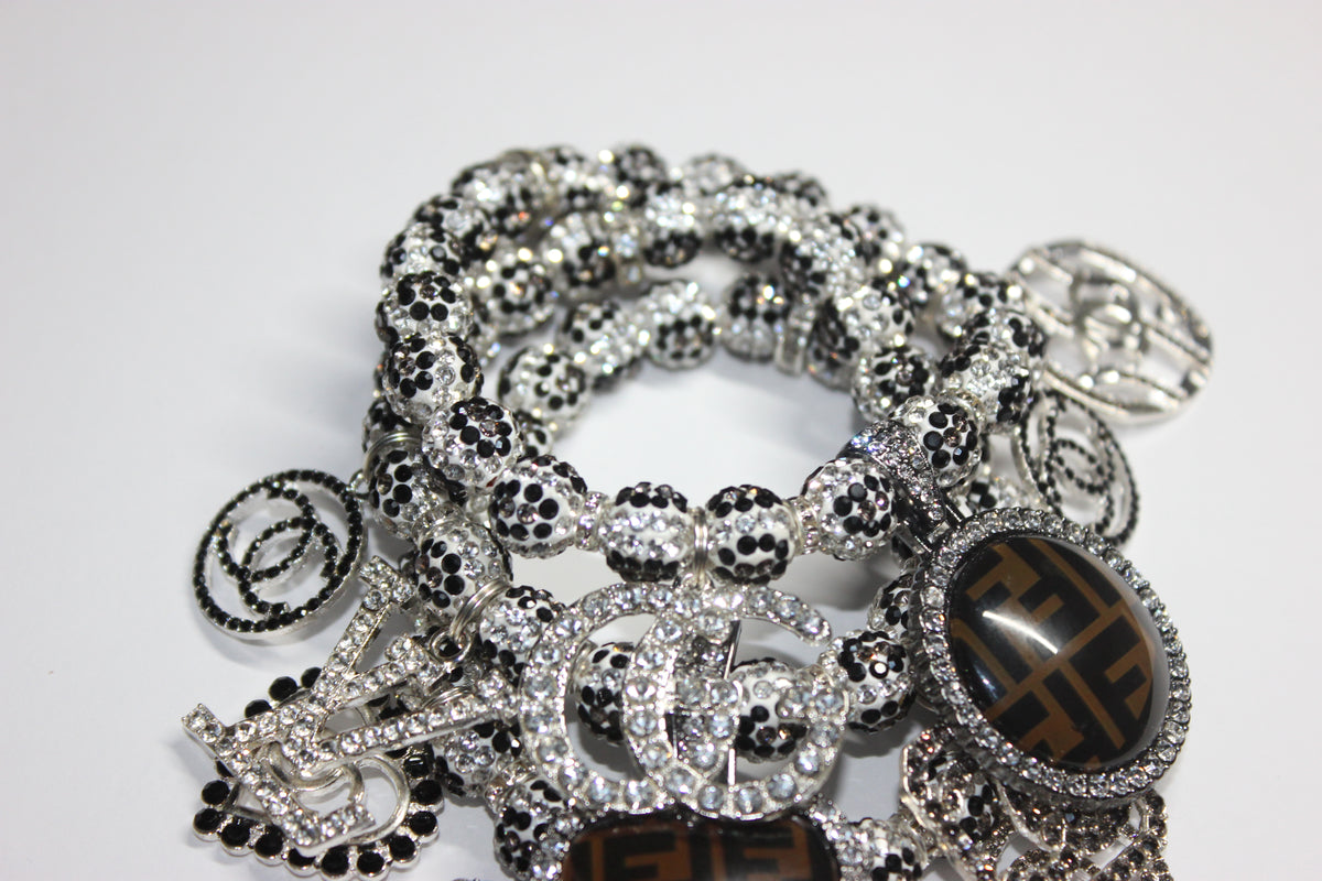 3 Piece Rhinestone Charm Bracelet Set BLACK/WHITE/GREY (Silver)