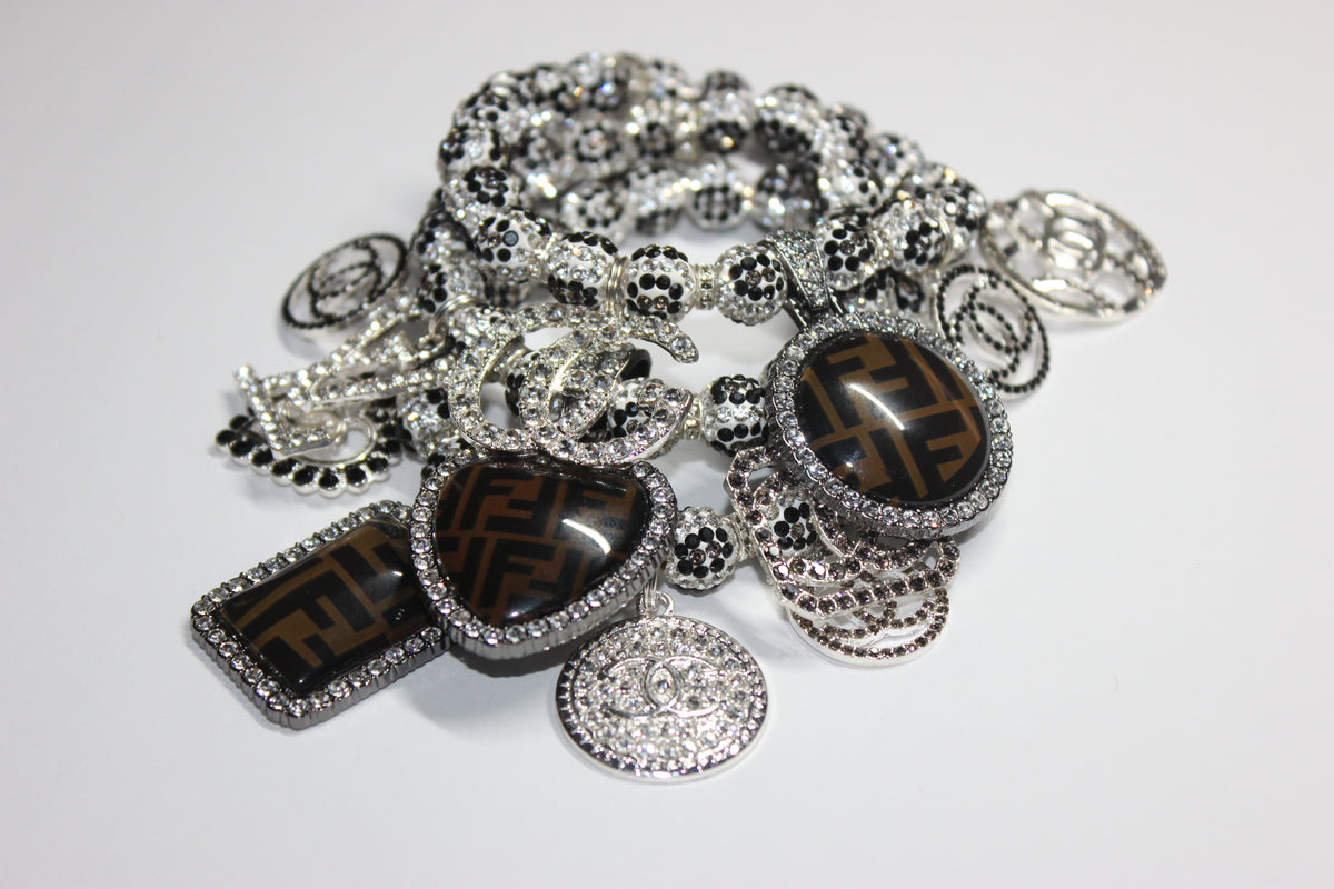 3 Piece Rhinestone Charm Bracelet Set BLACK/WHITE/GREY (Silver)