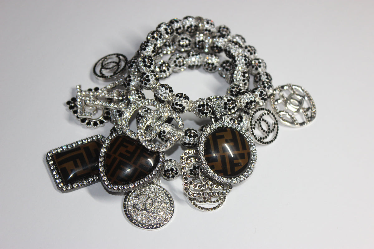 3 Piece Rhinestone Charm Bracelet Set BLACK/WHITE/GREY (Silver)