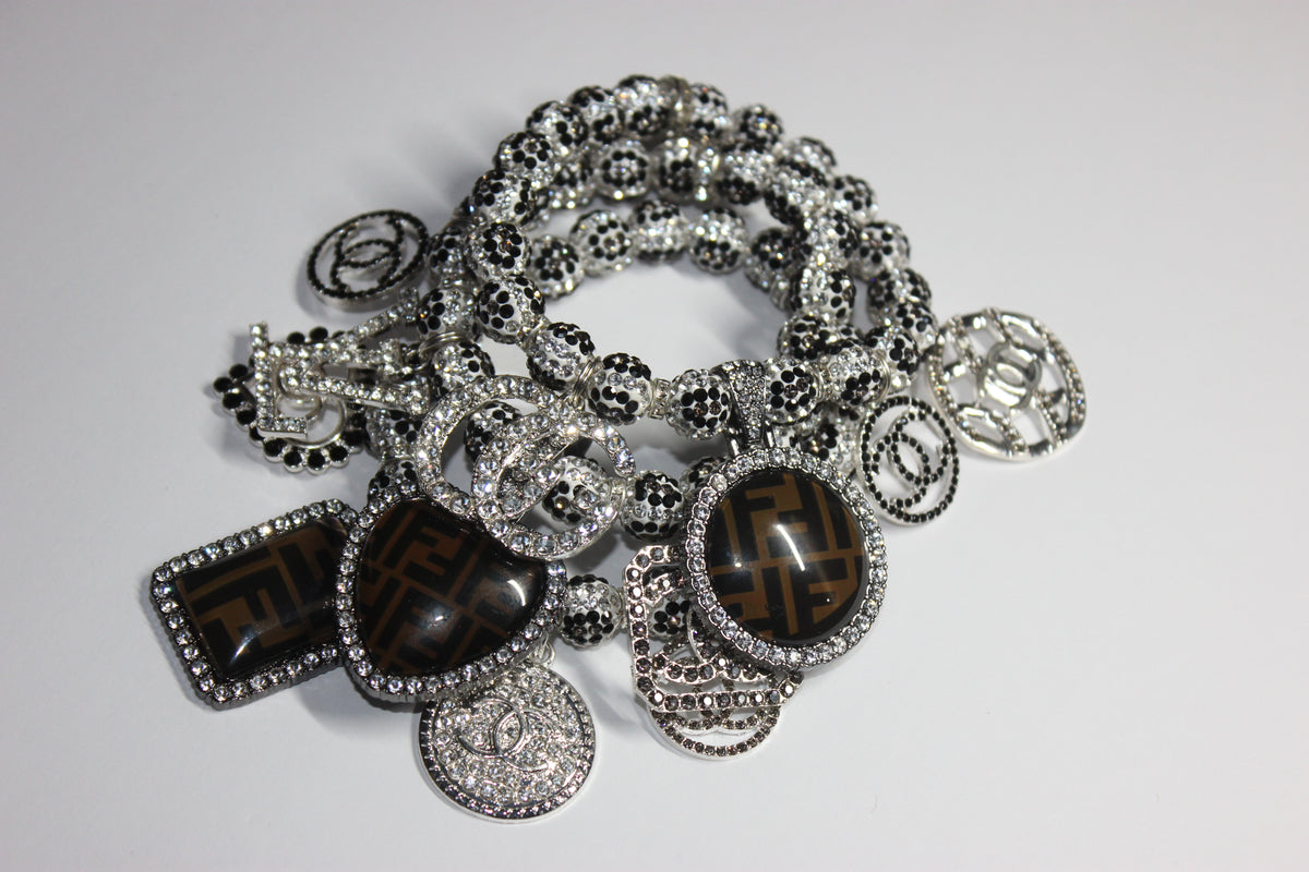 3 Piece Rhinestone Charm Bracelet Set BLACK/WHITE/GREY (Silver)