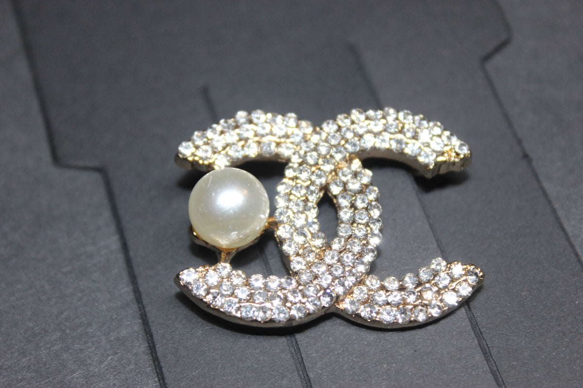 Gold Rhinestone Pearl Brooch Pin