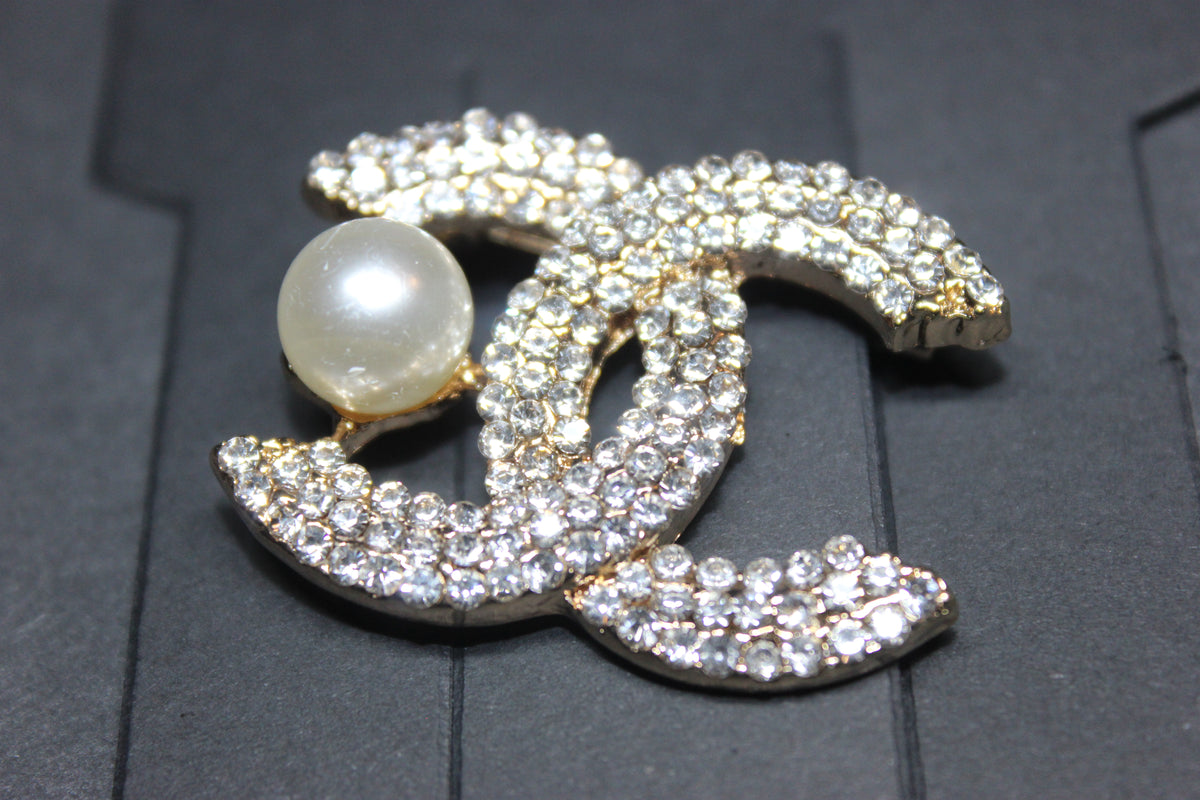 Gold Rhinestone Pearl Brooch Pin