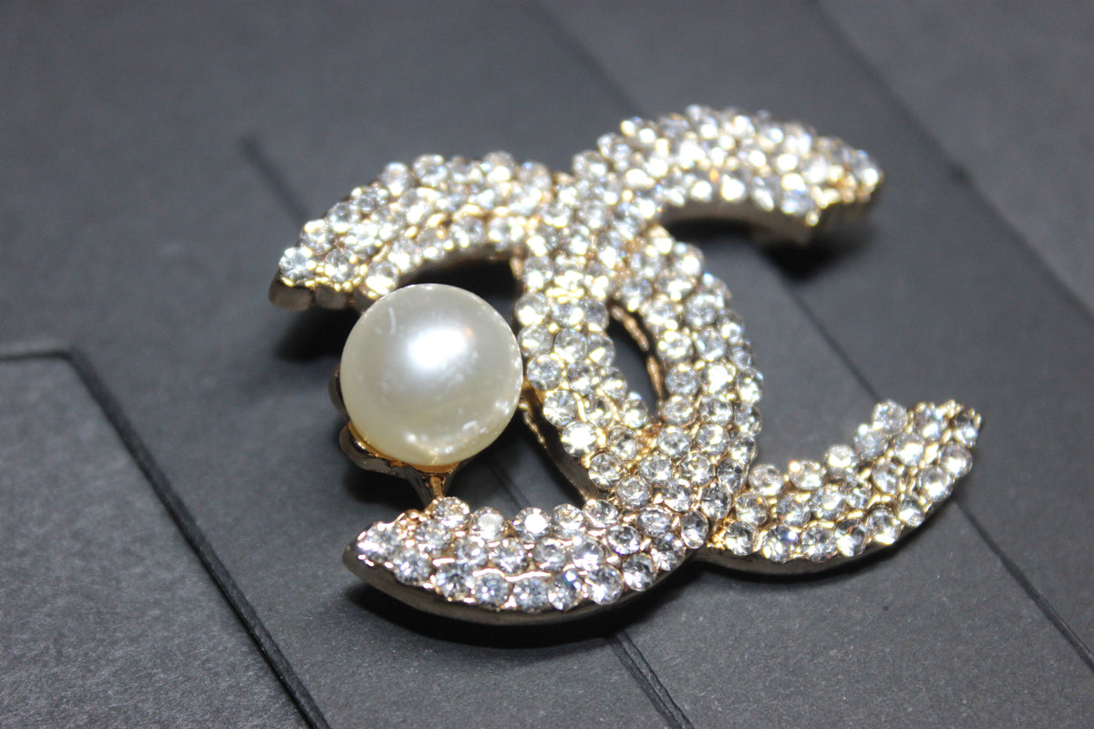 Gold Rhinestone Pearl Brooch Pin
