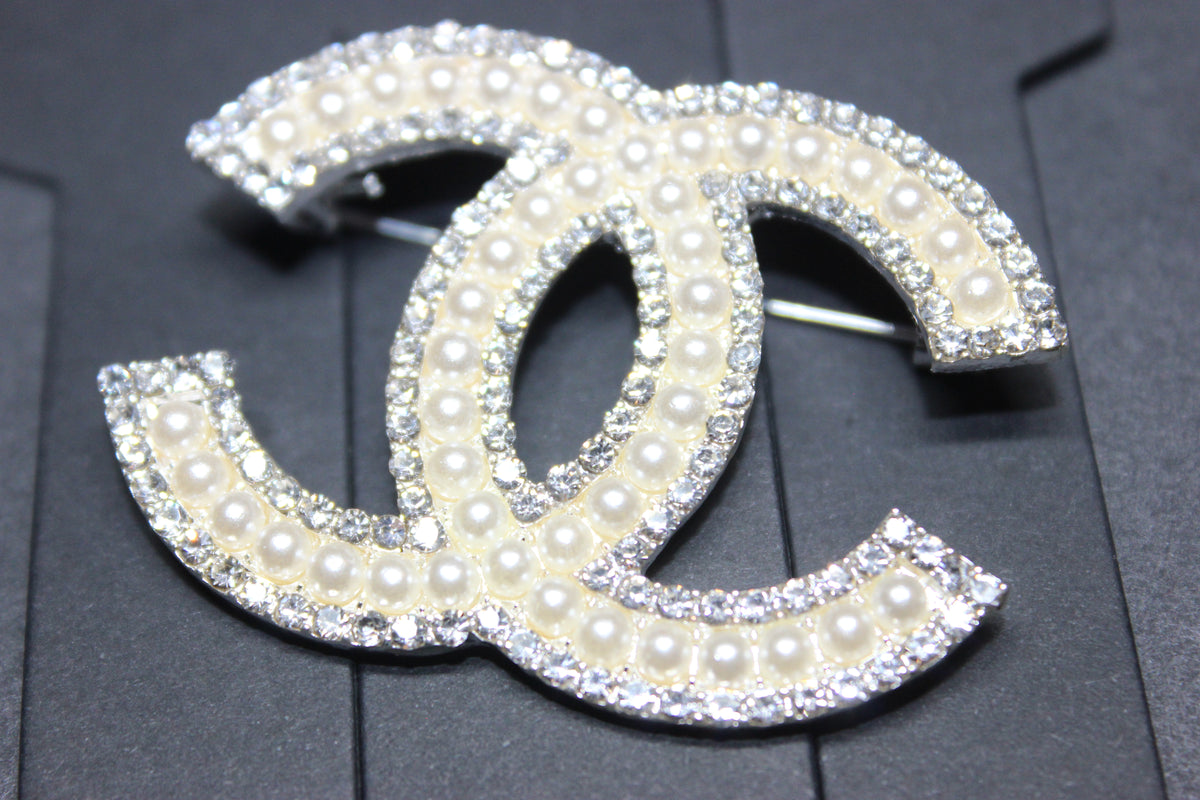Silver Pearl Rhinestone Brooch Pin