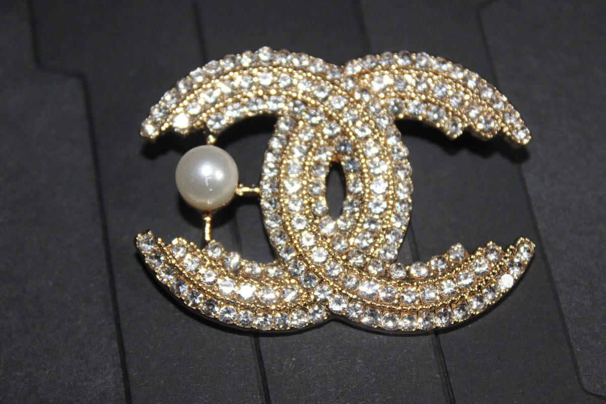 Gold Rhinestone Pearl Brooch Pin