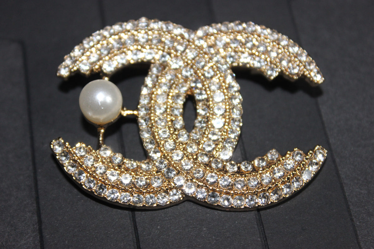 Gold Rhinestone Pearl Brooch Pin