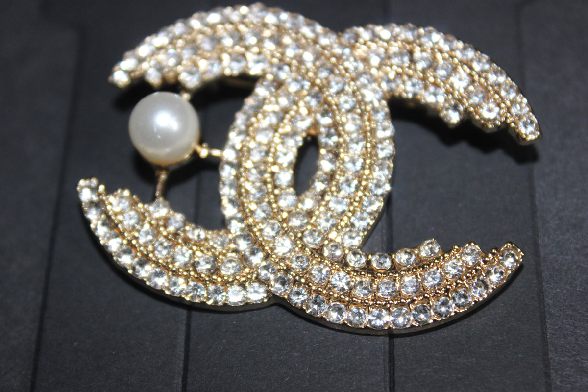 Gold Rhinestone Pearl Brooch Pin