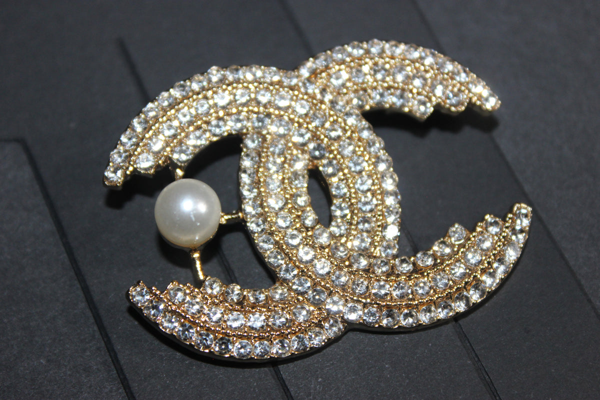 Gold Rhinestone Pearl Brooch Pin