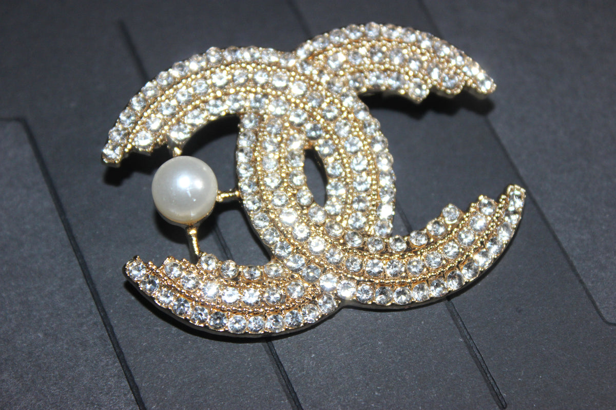 Gold Rhinestone Pearl Brooch Pin